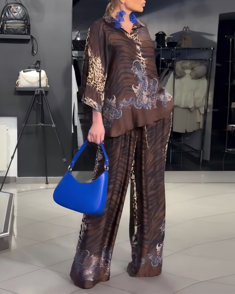 Stylish Leopard Print Wide-Leg Pants Set