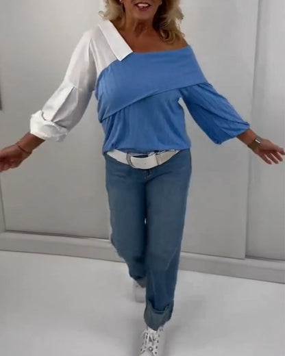 Schulterfreie Bluse mit unregelmäßiger Kontrastfarbe