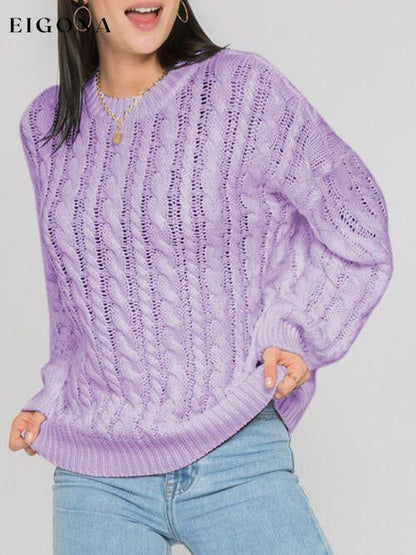 Openwork Round Sleeve Cable-Knit Sweater Lavender clothes Ship From Overseas sweater sweaters Sweatshirt X.W