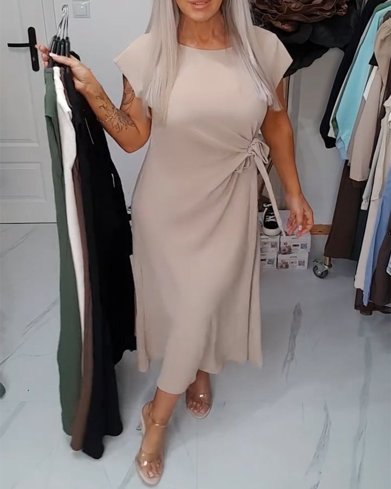 Solid Color Round Neck Waist-Defining Elegant Dress