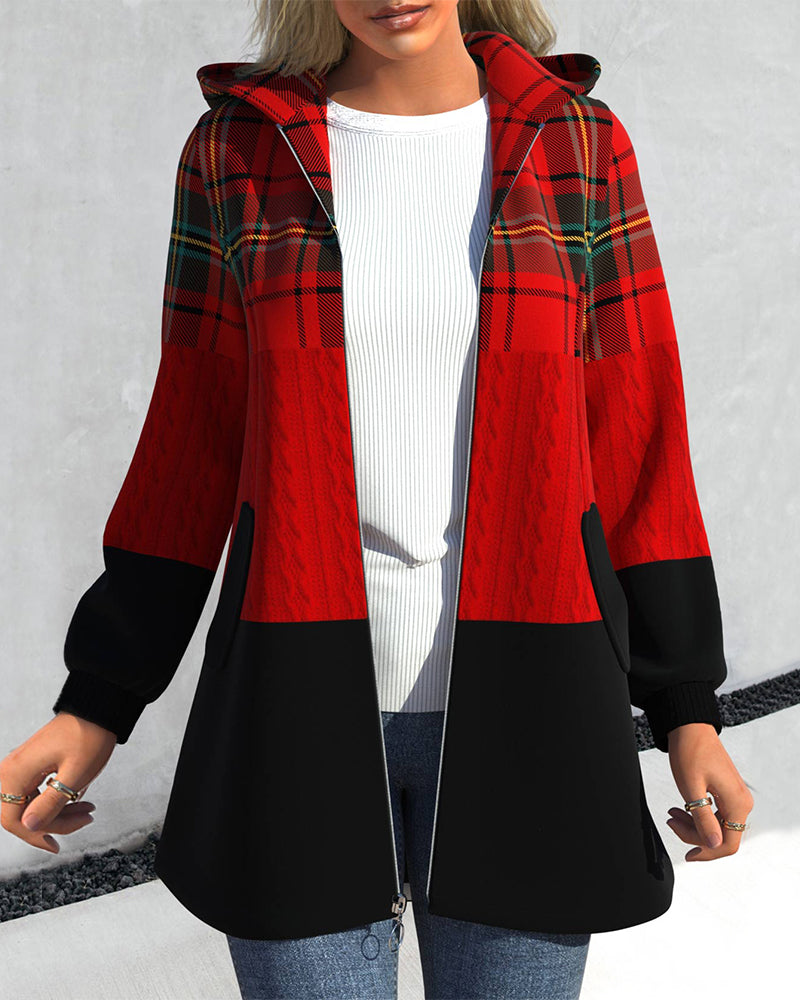 Zipped plaid hooded coat