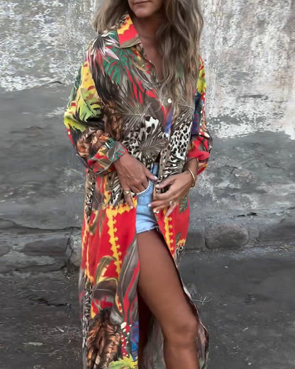 Modisches bedrucktes Button-Down-Hemdkleid