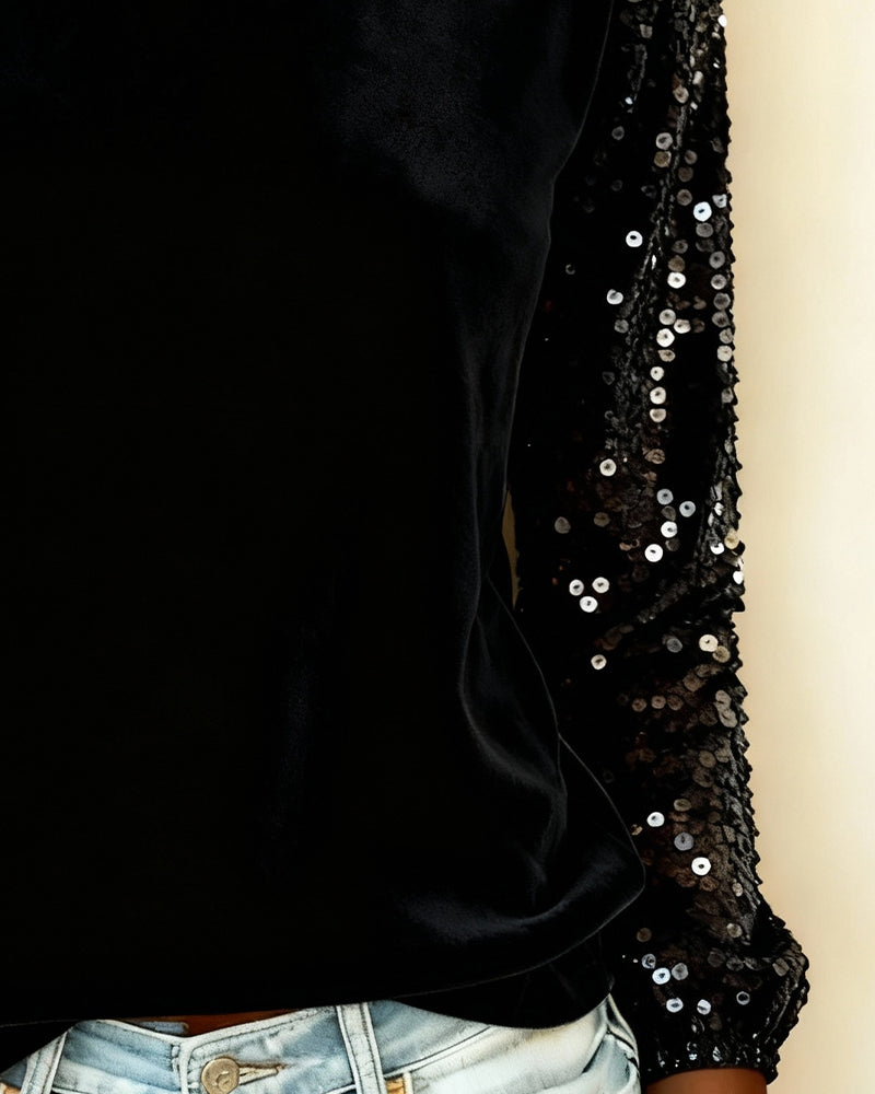 Crew Neck Velvet Sequined Top
