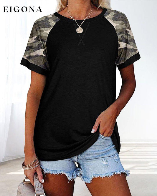 Camouflage print round neck short sleeve t-shirt Black 23BF clothes Short Sleeve Tops Summer T-shirts Tops/Blouses