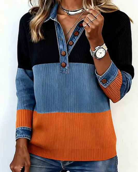 Fashionable Lapel Contrast Color Top