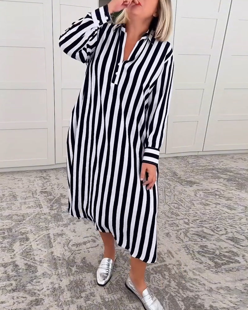 Lapel Striped Pocket Dress