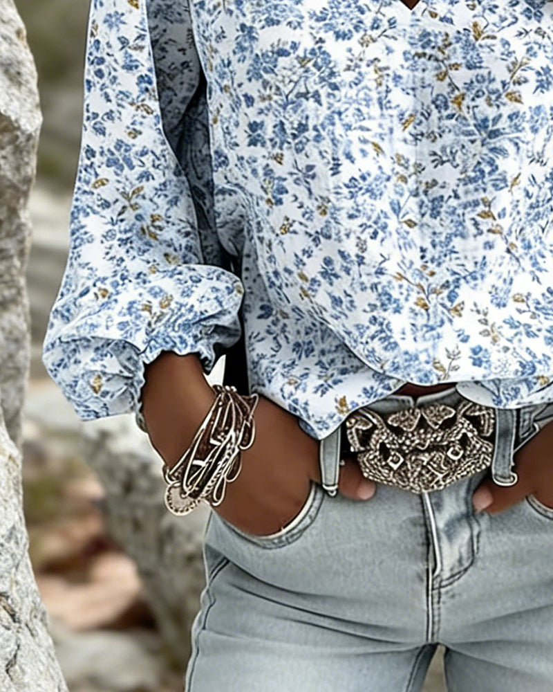 Puff Sleeve Floral V-Neck Blouse