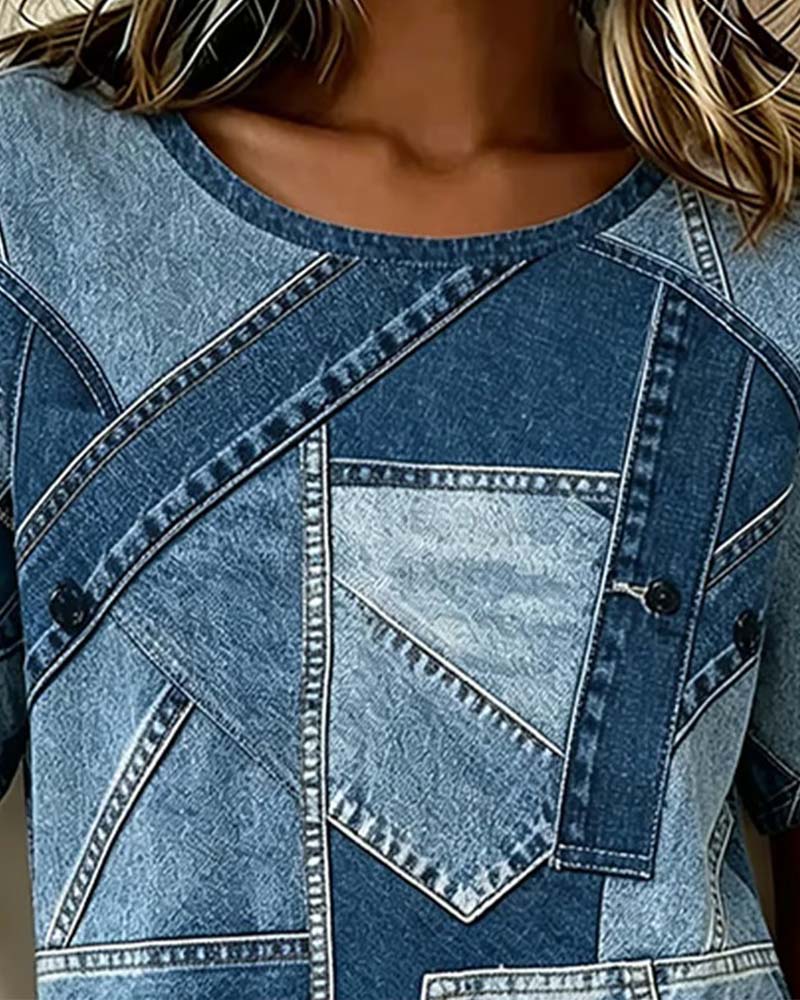 Denim Patchwork Print Short Sleeve T-Shirt