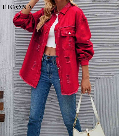 Distressed Raw Hem Denim Jacket Red clothes LT&SB Ship From Overseas