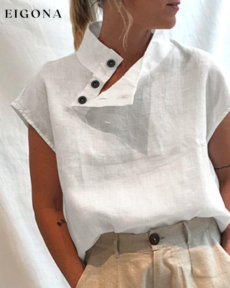 Cotton & Linen Button stand collar top White 23BF clothes Cotton and Linen Short Sleeve Tops T-shirts Tops/Blouses