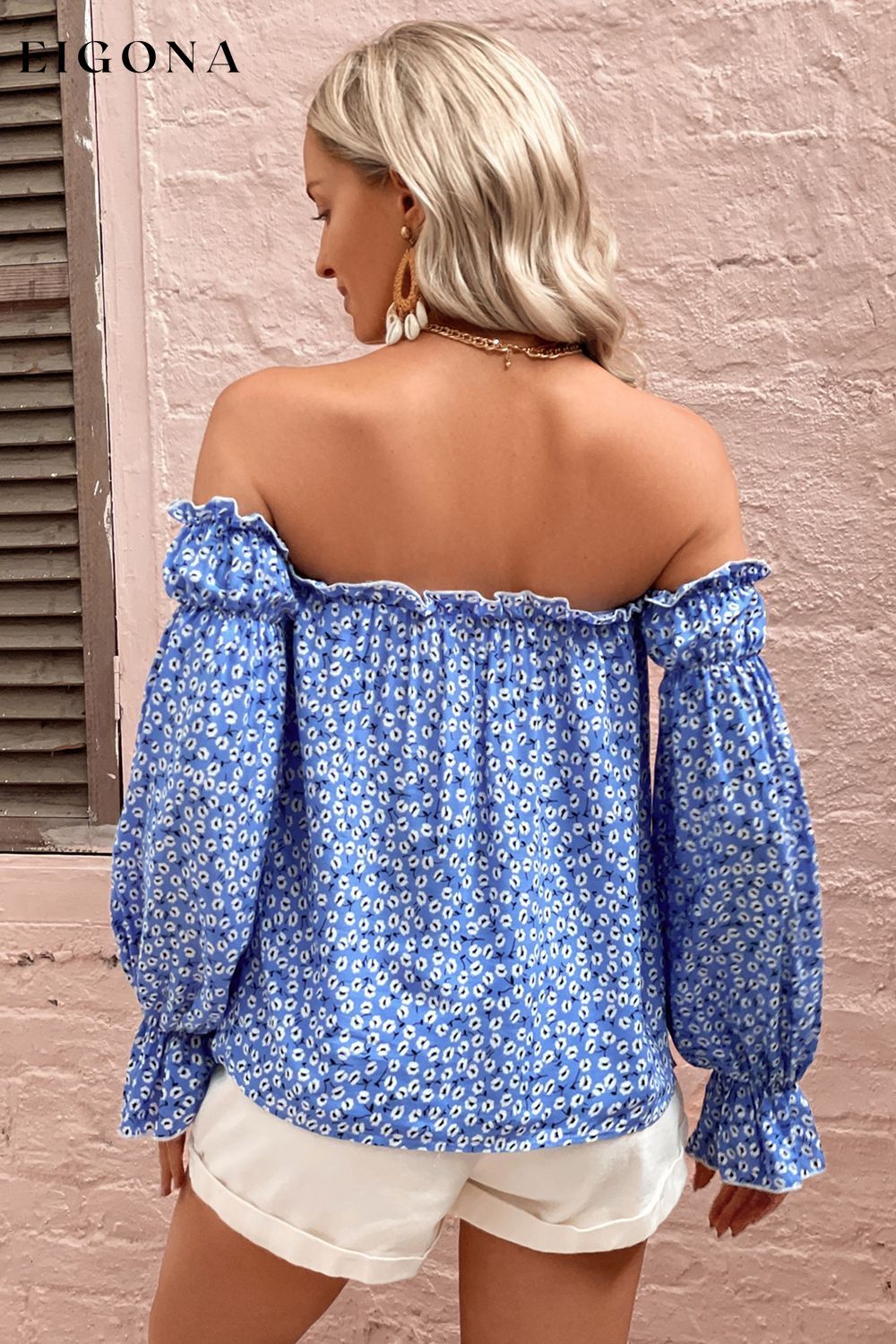 Off Shoulder Printed Frill Trim Blouse clothes Hanny long sleeve long sleeve shirts long sleeve top Ship From Overseas Shipping Delay 09/29/2023 - 10/04/2023 top tops trend
