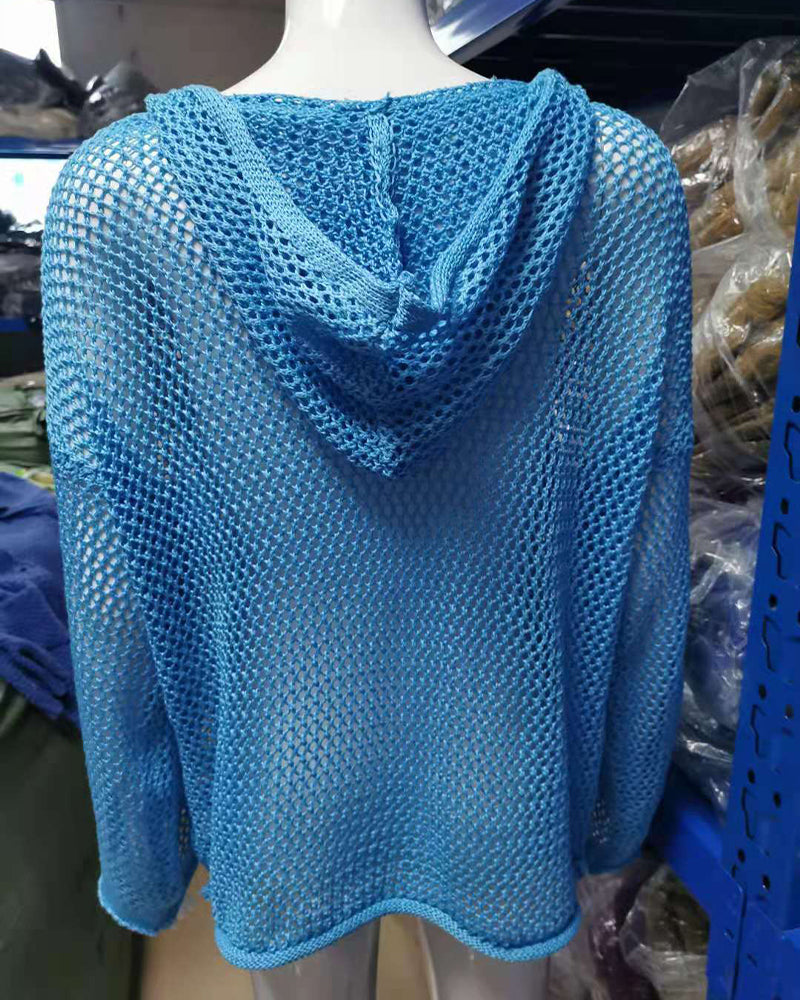 Dames Crochet Hollow Out Hooded Long Sleeve Tops