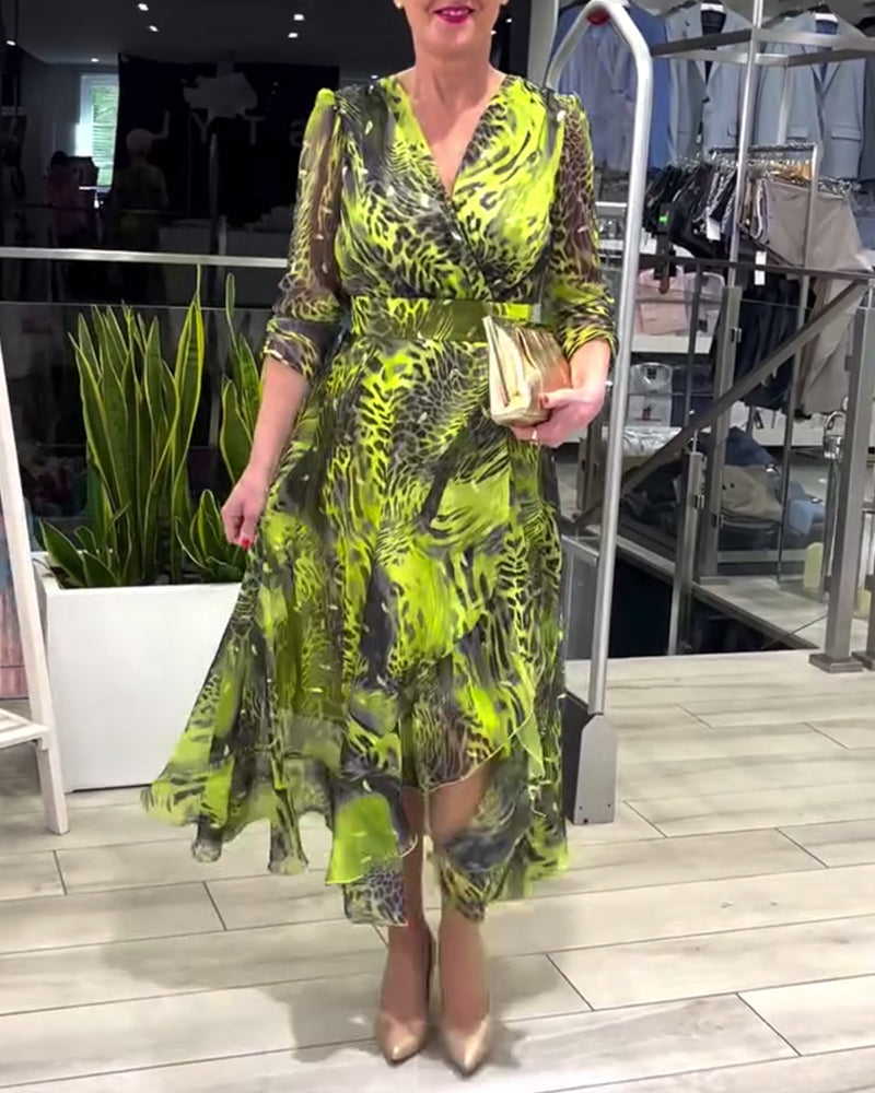 Fashion printed V-neck three-quarter sleeve irregular dress 202466 casual dresses spring summer