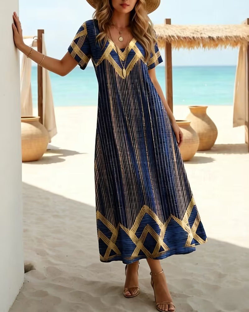V-Neck Printed Holiday Maxi Dress