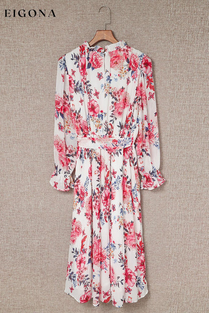 Beige Floral Print Puffy Sleeve Ruffled Midi Dress All In Stock clothes Color Pink DL Chill Out DL Exclusive dress dresses long dress long dresses Occasion Vacation Print Floral Season Spring Sleeve Puff sleeve Style Bohemian