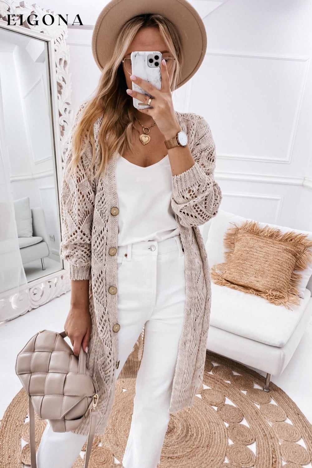 Khaki Hollow-out Openwork Knit Cardigan All In Stock Best Sellers Category duster cardigan clothes Craft Crochet cárdigan Occasion Daily Print Solid Color Season Fall & Autumn Style Elegant sweater sweaters