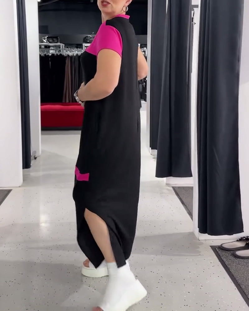 Lässiges Kleid in Kontrastfarbe mit Rundhalsausschnitt
