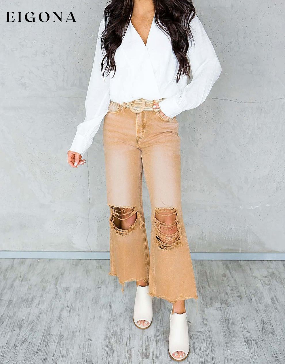 Brown Distressed Hollow-out High Waist Cropped Flare Jeans All In Stock Best Sellers clothes Color Orange Craft Distressed EDM Monthly Recomend Fabric Denim Hot picks Occasion Daily Print Solid Color Season Spring Silhouette Wide Leg Style Southern Belle