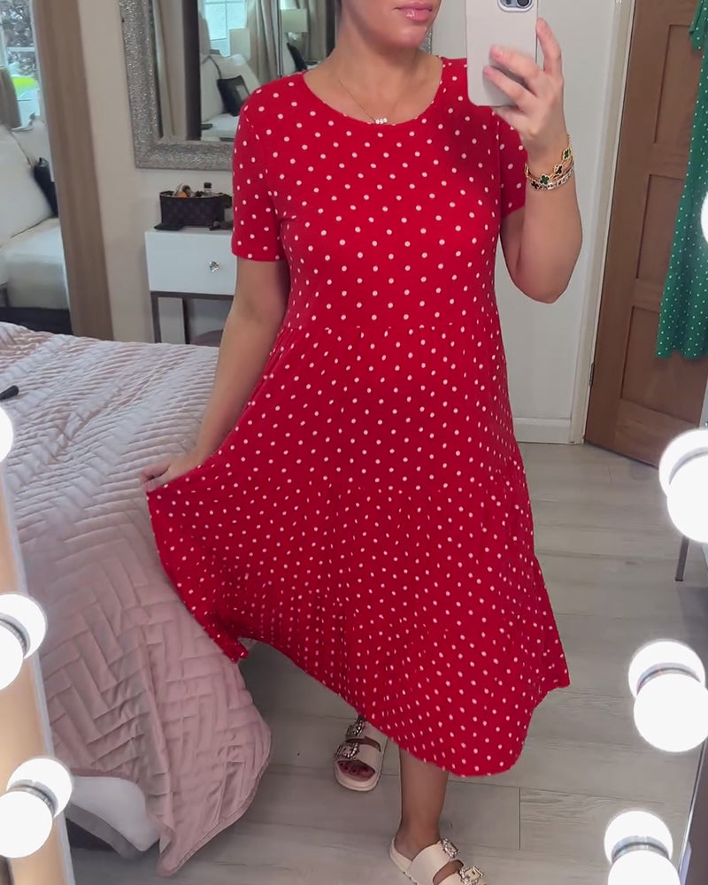 Polka dot print round neck short sleeve dress casual dresses summer