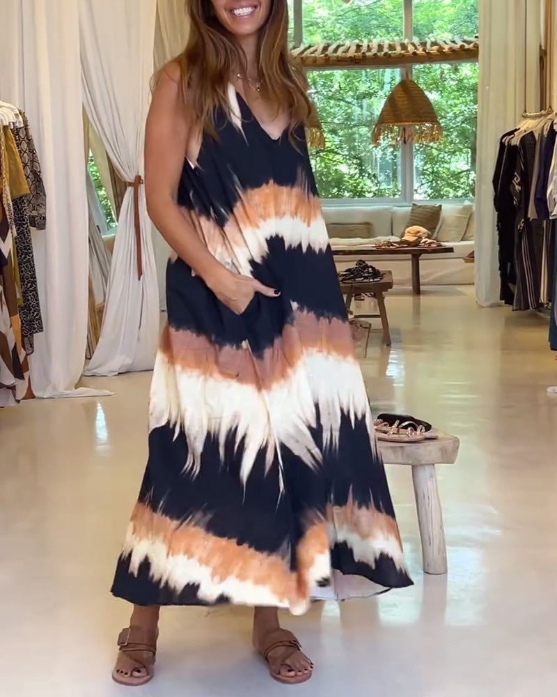 Lässiges ärmelloses Kleid mit V-Ausschnitt und Print