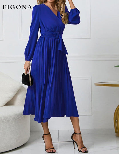V-Neck Long Sleeve Tie Waist Midi Dress Royal Blue clothes H.Y.G@E Ship From Overseas Shipping Delay 09/29/2023 - 10/03/2023 trend