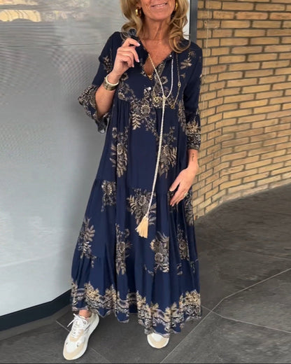 V-hals vintage løs kjole