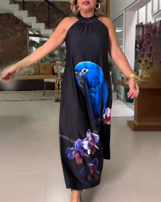 Abito a tubino largo stampato con spalle scoperte