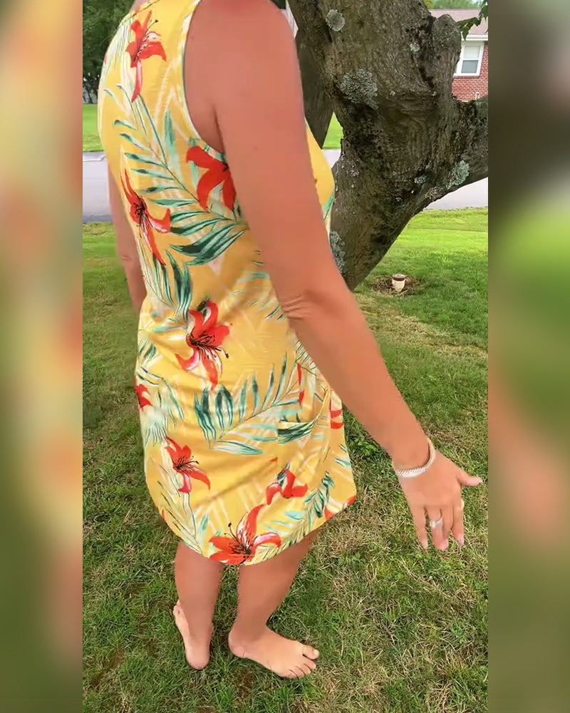 Ärmelloses, gerades Kleid mit V-Ausschnitt und Blumenmuster