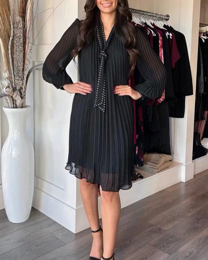 Solid Color V-Neck Ribbon Dress