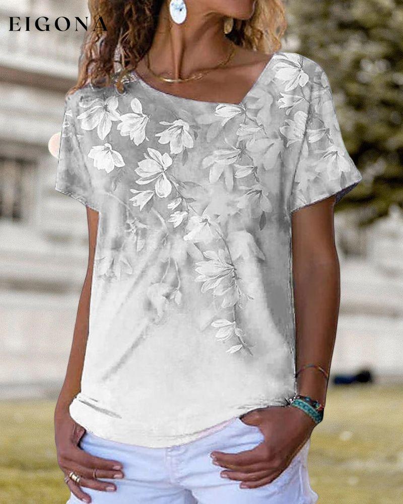 V-neck T shirt with Floral Print Gray 23BF clothes Short Sleeve Tops T-shirts Tops/Blouses