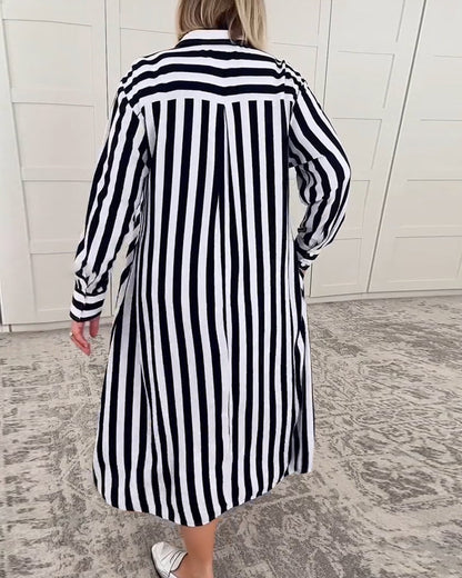 Lapel Striped Pocket Dress