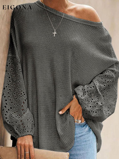 Openwork Dropped Shoulder Boat Neck Blouse blouse clothes long sleeve shirts long sleeve top Romantichut Ship From Overseas Shipping Delay 09/29/2023 - 10/04/2023 top tops trend