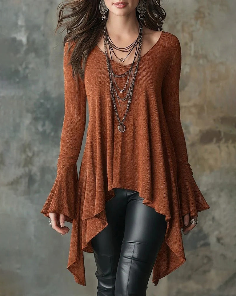 Flared Long Sleeve Asymmetrical Hem Top