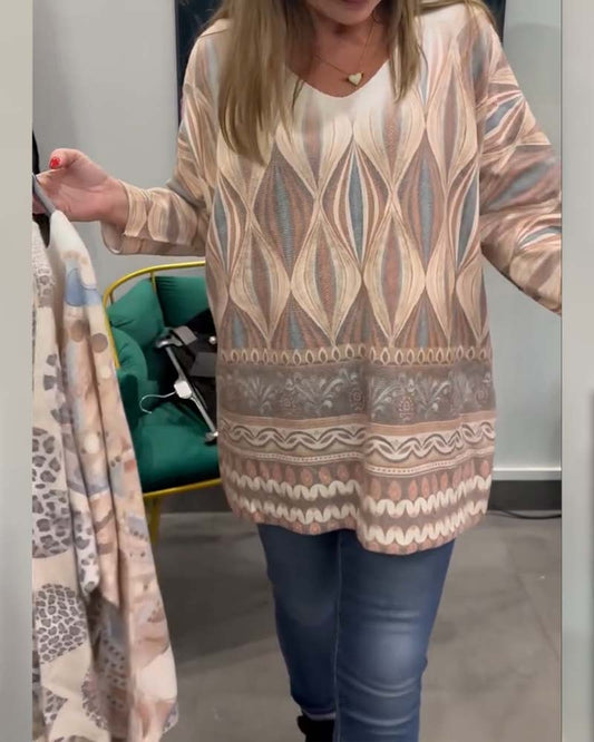 Geometric Diamond Print Long-Sleeved V-Neck Top