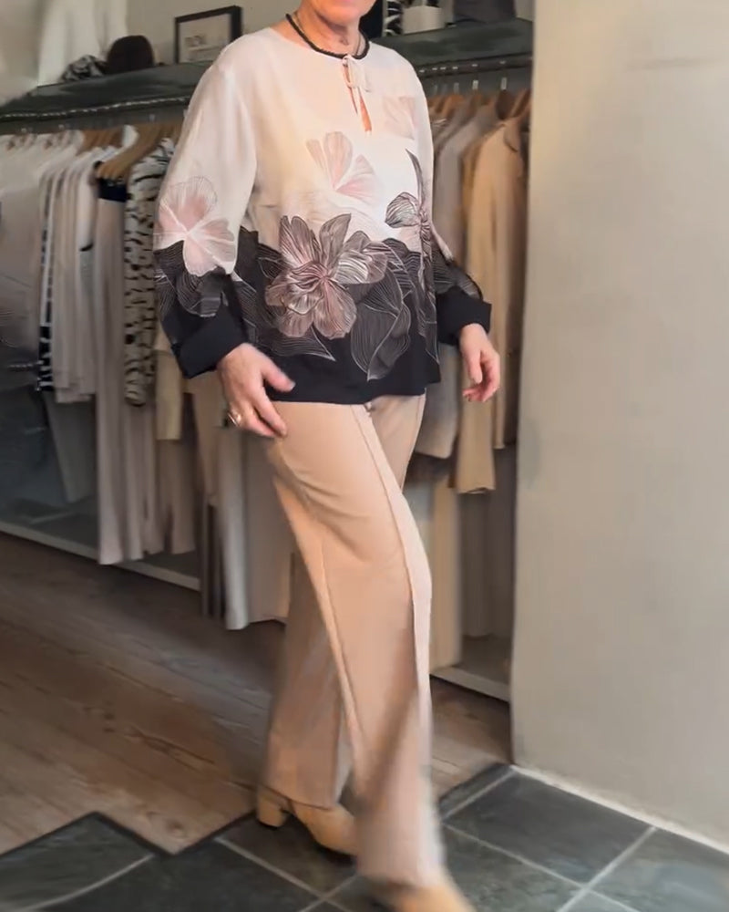 Tie-Up Long Sleeve Placement Print Blouse