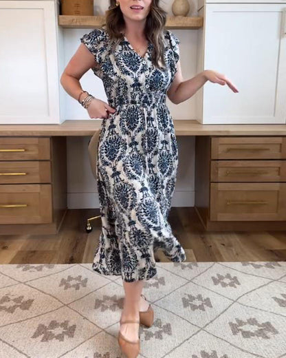 A-Linien-Kleid mit Cashew-Blumen-V-Ausschnitt und Taille