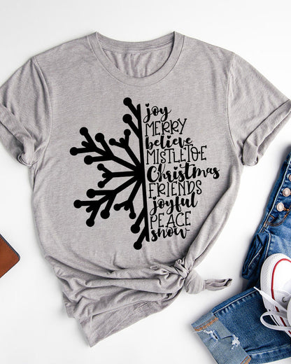 Merry christmas lettering snowflake print casual t-shirt 2024 f/w christmas summer t-shirts