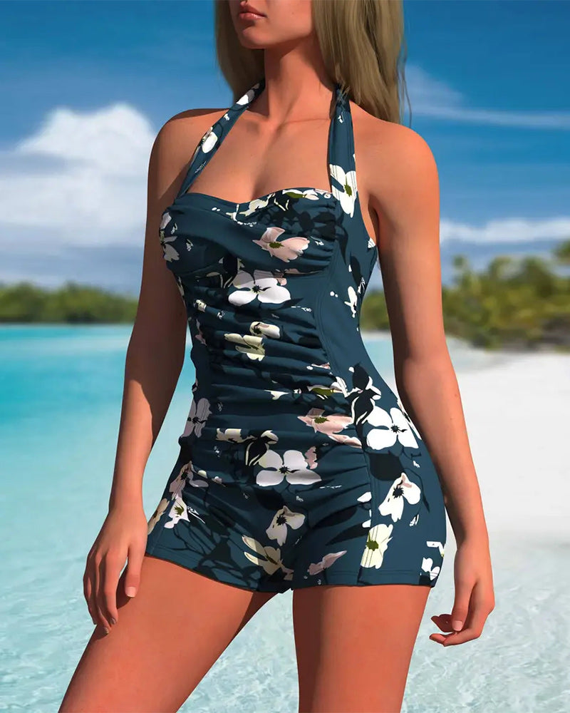 Halter One-Piece Pleated Boxer Swimsuit