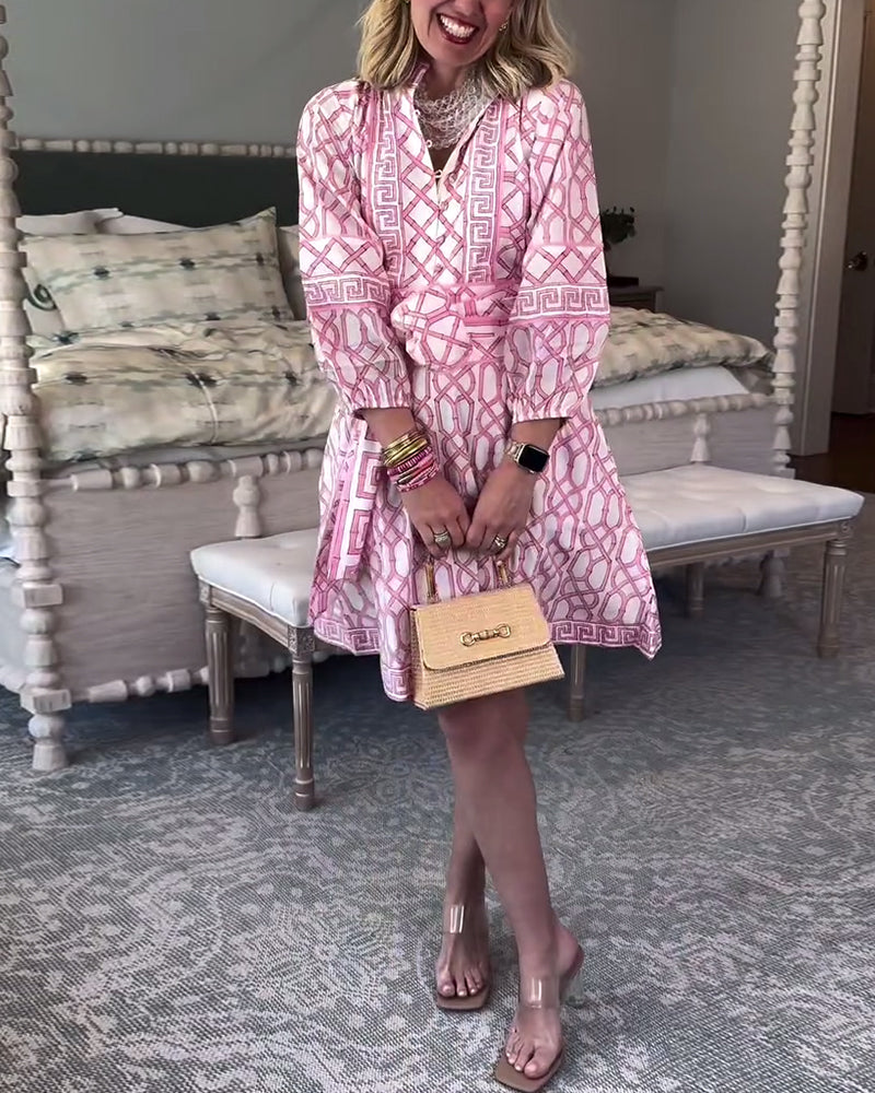 Loses Kleid mit Laternenärmeln, Stehkragen und Print