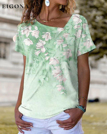 V-neck T shirt with Floral Print Green 23BF clothes Short Sleeve Tops T-shirts Tops/Blouses