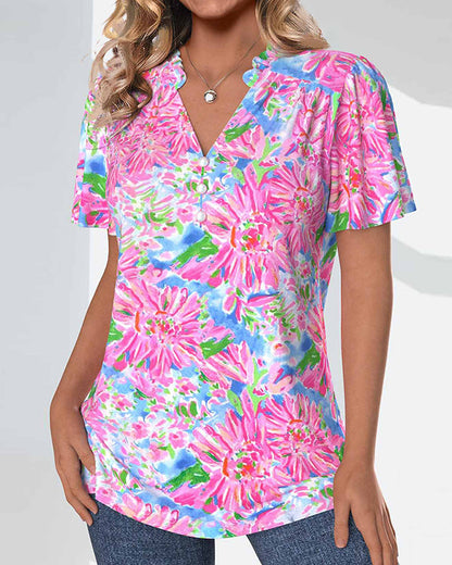 Kurzärmlige Bluse mit Blumenmuster und Knopfleiste