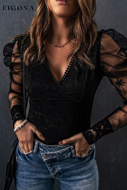 Black V Neck Lace Sheer Puff Sleeve Bodysuit Black 95%Polyester+5%Elastane blouse clothes DL Chic DL Exclusive puff sleeve shirt Season Spring top v neck shirt