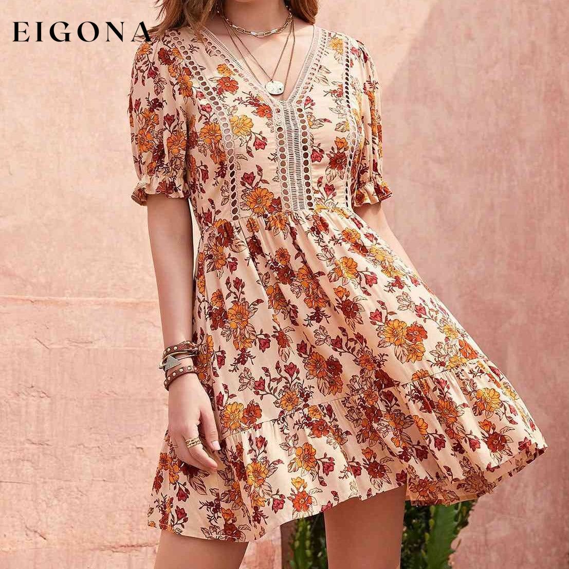 Floral V-Neck Flounce Sleeve Ruffle Hem Dress clothes H.R.Z Ship From Overseas