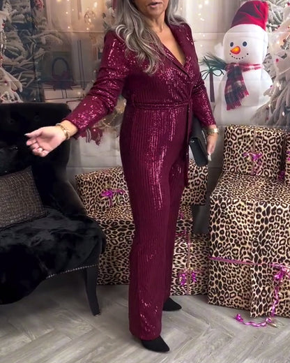 Fashion solid color sequined lapel lace-up jumpsuit 2024 f/w two-piece sets