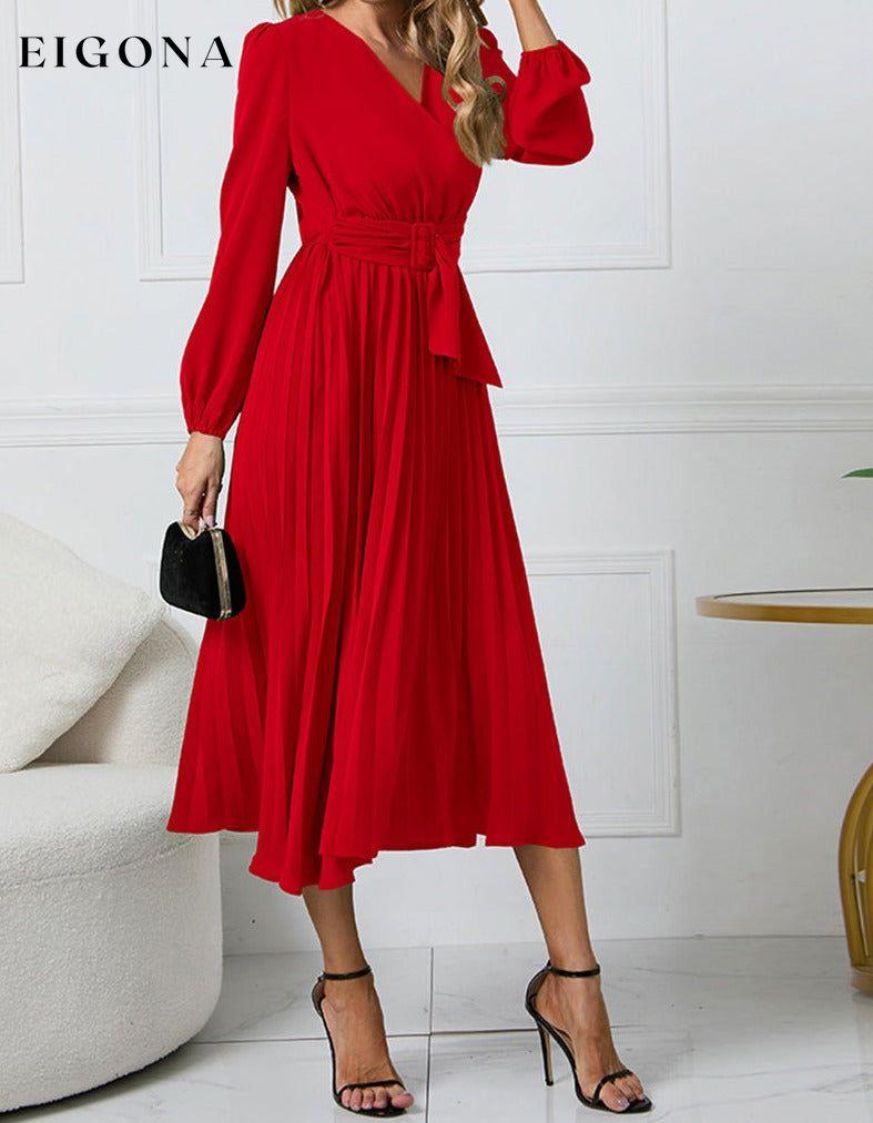V-Neck Long Sleeve Tie Waist Midi Dress Red clothes H.Y.G@E Ship From Overseas Shipping Delay 09/29/2023 - 10/03/2023 trend
