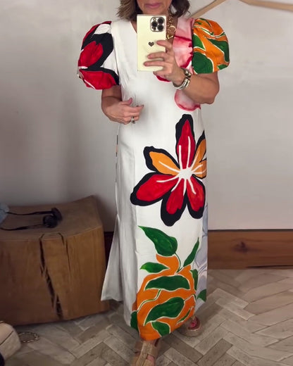 Puff Sleeve V-Neck Floral Temperament Long Dress