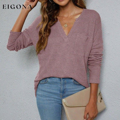 Dropped Shoulder High-Low Waffle-Knit Top Dusty Pink Changeable clothes long sleeve long sleeve shirts long sleeve top Ship From Overseas