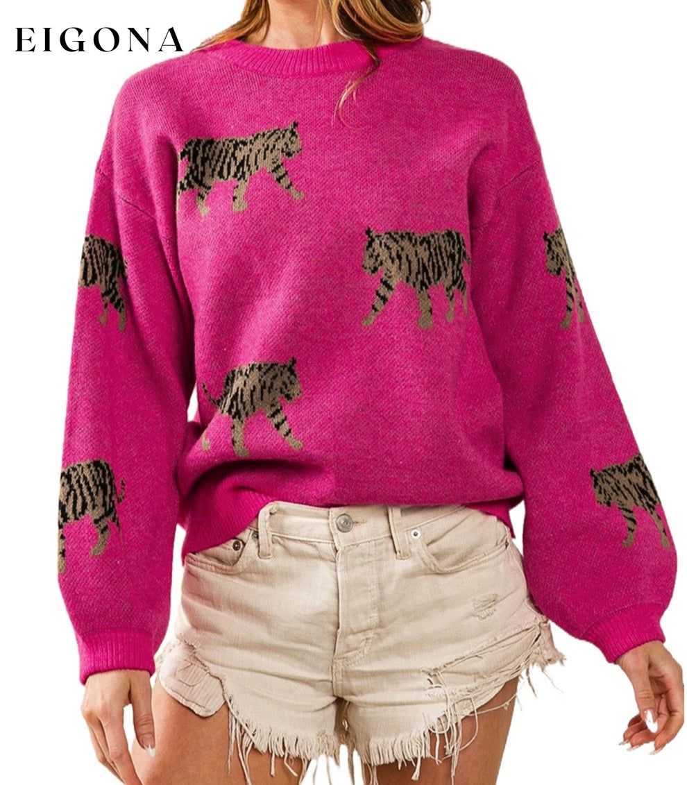 Rose Red Fierce Animal Pattern Casual Knitted Sweater All In Stock clothes Color Pink Hot picks Occasion Daily Print Leopard Season Fall & Autumn Style Southern Belle Sweater sweaters Sweatshirt