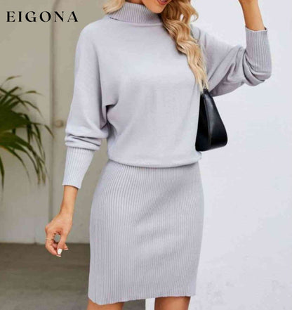 Turtle Neck Long Sleeve Ribbed Sweater Dress Light Gray clothes Ship From Overseas Yh