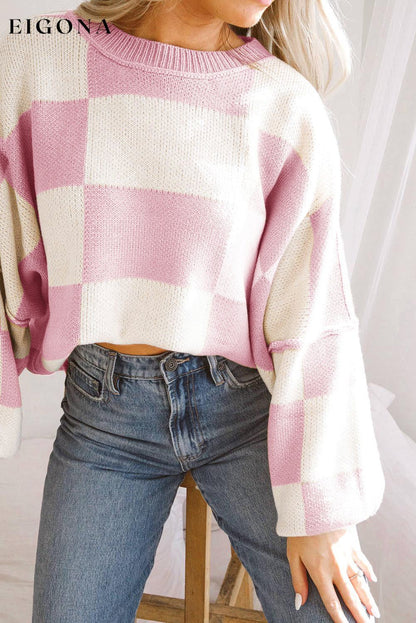 Pink Checkered Bishop Sleeve Sweater All In Stock clothes Color Pink Occasion Daily Print Color Block Season Fall & Autumn Style Southern Belle